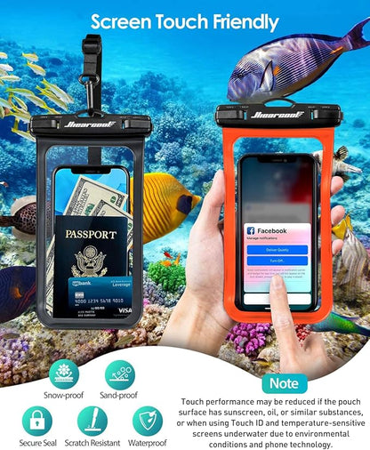 Hiearcool Waterproof Phone Pouch, Waterproof Phone Case, Waterproof Cellphone Pouch Under Water Beach Accessories for iPhone -Black&Orange -2Pack