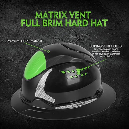GREEN DEVIL Matrix Full Brim Hard Hat with Headlight Vented Construction Safety Helmet OSHA Approved Cascos De Construccion Work Hardhat for Men&Women