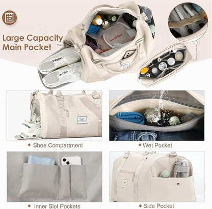 FIORETTO Womens Gym Tote Duffle Bag with Toiletry Bag, Sports Duffel Overnight Hospital Workout Carry on Bag for Girls with Wet Pocket & Shoe Compartment, Ideal for Travel, Swimming, Dance Beige