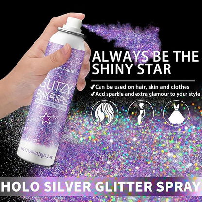 Hair Glitter Body Glitter Spray, 150ML Glitter Hairapray Holographic Purple Glitter Spray for Hair and Boday, Hair Glitter for Kids Women, Body Shimmer Festival Rave and Makeup 4.2 Fl Oz