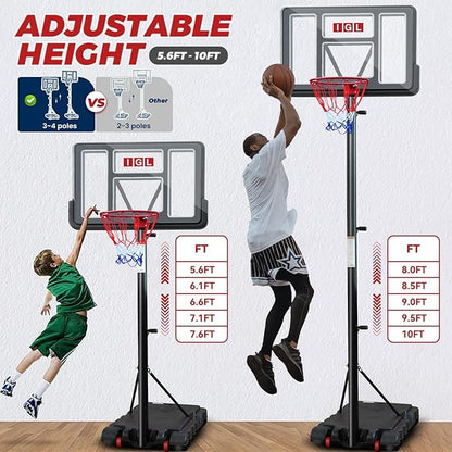 IGL Portable Basketball Hoop, 5.6-10FT Adjustable Basketball Goal System, 44 Inch Outdoor Basketball Hoop & Goals for Kids, Youth, and Adults in The Backyard, Driveway with PC Backboard