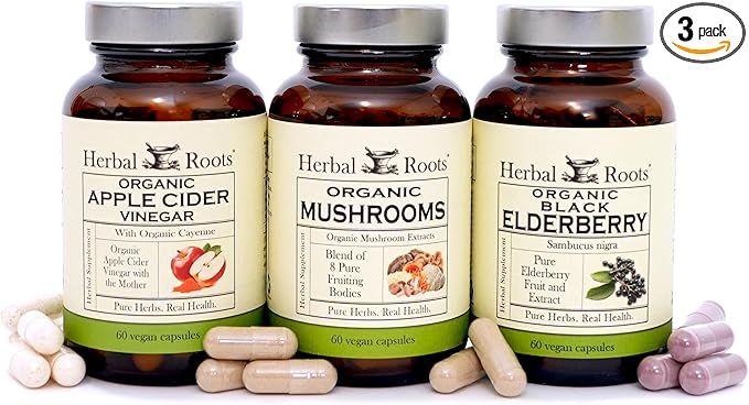 Herbal Roots Certified Organic Skin Health Trio, Apple Cider Vinegar, Fruiting Body Mushroom Blend, Black Elderberry,