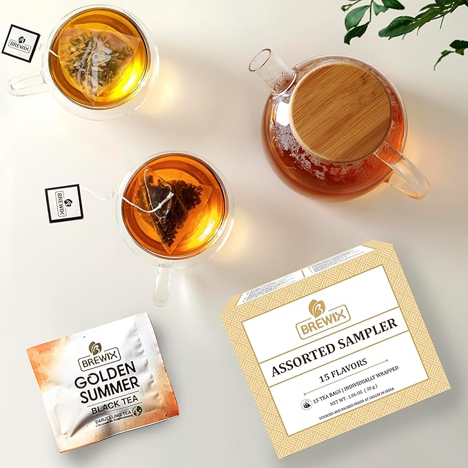 BREWIX Premium Assorted Tea Sampler Gift Box (15 Pyramid Individually Wrapped Tea Bags) | Herbal Tea, Black Tea, Green Tea | Tea Gift Set & Variety Pack | Gifts for Women & Men, Tea Set