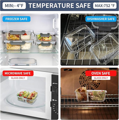 2 Compartment Glass Meal Prep Containers, 6 Pack Reusable Food Storage Containers with Lids, Lunch Containers for Adults, Portion Control, Airtight, Freezer to Microwave Safe(34oz+22oz)