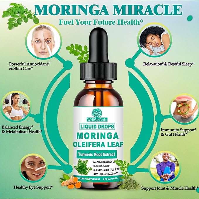 2 Pack Organic Moringa Liquid Drops, Pure Moringa Oleifera Leaf Extract w. Turmeric, Black Pepper, Moringa for Activates AMPK & GLP-1, Antioxidant Skin Gut, Potency Than Moringa Capsules Powder