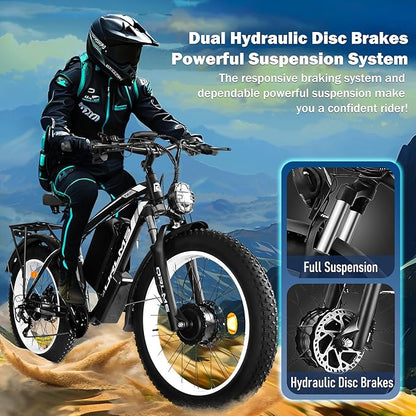 Electric Dirt Bike, 5000W Peak Dual Motor EBike for Adults, 60V 25AH Battery Electric Bike with 40-50MPH Mountain AWD 21-Speed Snow, 26" x 4.0 Fat Tire, Long Range Off-Road