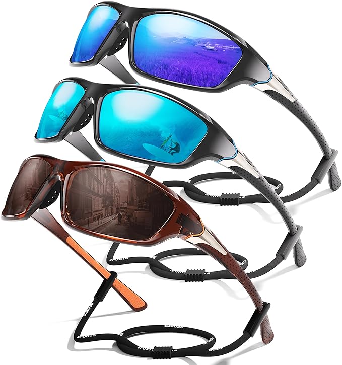 3 Pack Polarized Sports Sunglasses for Men, Mens Sunglasses Wrap Around UV400 Protection for Cycling Fishing Driving