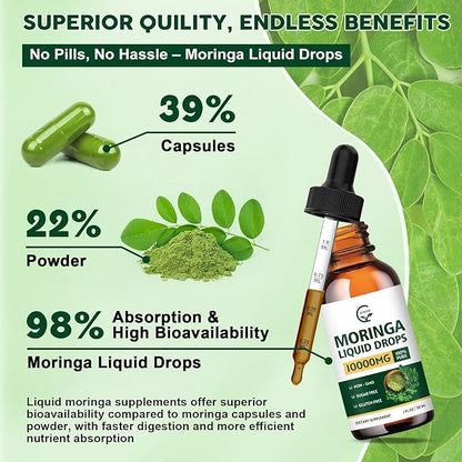 (2 Pack) Organic Moringa Liquid Drops, Moringa Supplement with Turmeric, Black Pepper, Grape Seed Extract, Pure Moringa Oleifera Leaf Extract for Skin, Gut, Immune Support, More Potency Than Powder