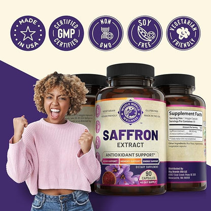100% Pure Saffron Extract - Supports Weight and Appetite Health, Mood, Focus, Memory, Digestion, Eye, Skin and Brain Health. NSF Certified Saffron Supplements for Women and Men, 45-Day Supply.