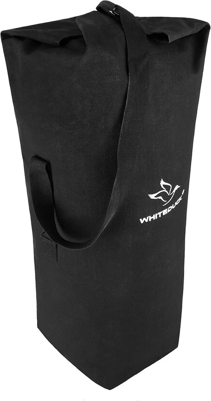 WHITEDUCK Top Load Canvas Folding Duffel Bag, Water Resistant Army Style Shoulder Bag for Men and Women- Gym, Sports, Travel, Hiking, Camping, Backpacking (Large 25" x 42",Black)