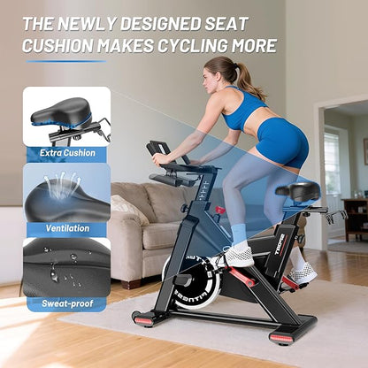 Exercise Bike, Stationary Bike for Home Cardio with Comfortable Seat Cushion, Adjustable Seat Handle, iPad Holder & 350 lbs Weight Capacity