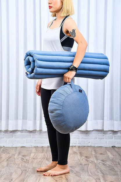 Leewadee Meditation Cushion Set – 1 Round Zafu Meditation Pillow and 1 Square Roll-Up Zabuton Meditation Mat, Pillows Bundle Filled with Kapok