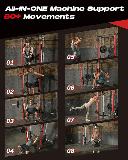 Folding Power Rack, Wall Mounted Squat Rack with Dual Independent Pulley System, Multi-Function Power Cage with 5 Adjustable Function Modes, Power Rack Trainer for Space Saving Home Gym