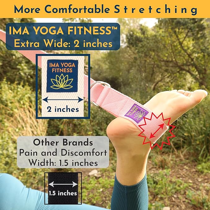 Adaptive Yoga Strap, Stretching Strap, 2 Inches Wide, 100% Naturally Soft Cotton, Steel D-Rings, Includes Natural Cotton Drawstring Storage Pouch and Instructional E-Book