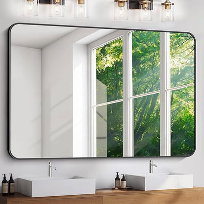 FORBATH Large Bathroom Mirror 60" x 40", Black Rectangle Metal Framed Rounded Corner Wide Wall Mounted Mirror for Bathroom Bedroom Entryway Decor(Horizontal/Vertical)