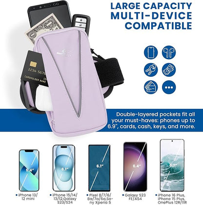 HiRui Cell Phone Holder Arm Bag & Wrist Bag for Phone, Sports Running Armband for Gym & Cycling, Compatible with iPhone 16/16Pro/Plus/15/14 Samsung Galaxy All Phones, Reflective & Adjustable (Purple)