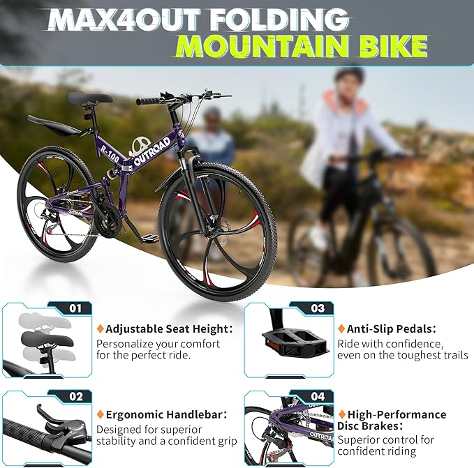 26 Inch Folding Mountain Bike, 21 Speed Full Suspension Bicycle with High-Carbon Steel, Dual Disc Brake Non-Slip Quick Release tire Folding Bicycle for Adults/Men/Women