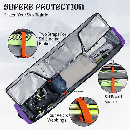 Goloni Ski Bag with Wheels,Padded Snowboard Bag for Air Travel,600D Waterproof Fabric,Foldable Snow Bag Fits 2 Pairs Skis