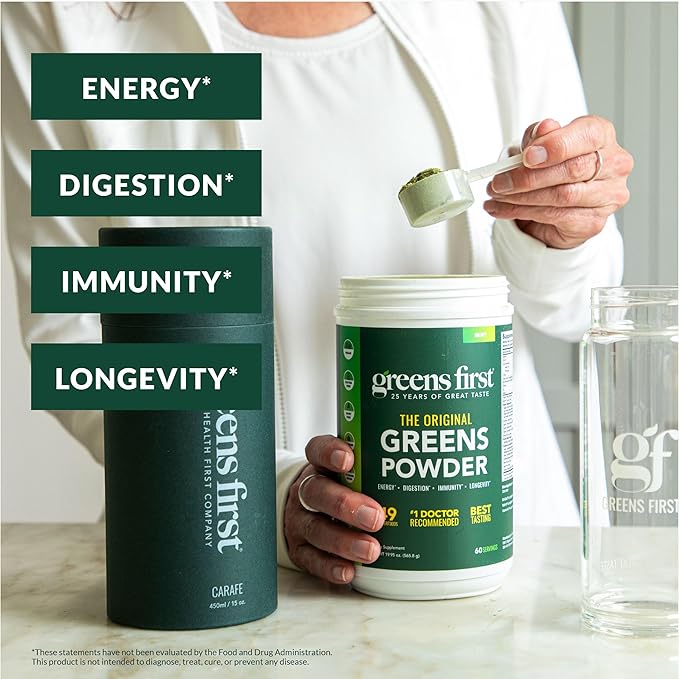 Greens First Gift Set - Limited Edition Glass Carafe & Organic Greens Powder - 49 Superfoods - Prebiotics, Probiotics & Digestive Enzymes - Dairy Free, Vegan & Non-GMO (Mint, 30 Servings)