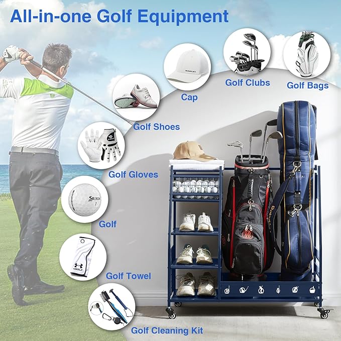 Lauren&Harold Golf Bag Organizer Garage Storage, Golf Storage Rack Stand Fits 2 Golf Bags, Golf Clubs and Other Golfing Equipment Accessories, Golf Organizer for Garage, Club, Shed, Basement