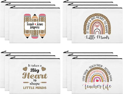 12 Pcs Teacher Gifts Makeup Bags Teacher Appreciation Travel Toiletry Canvas Cosmetic Pencil Survival Kit Bag for Women Zipper Pouch Bag Thank You Gifts Bulk (Rainbow and Pencil)