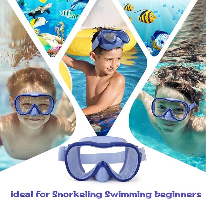 Kids Swim Goggles 180° Snorkel Diving Mask with Nose Cover, Anti-Fog Kids Swimming Goggles with Elastic Fabric Strap for Kids Boys Girls