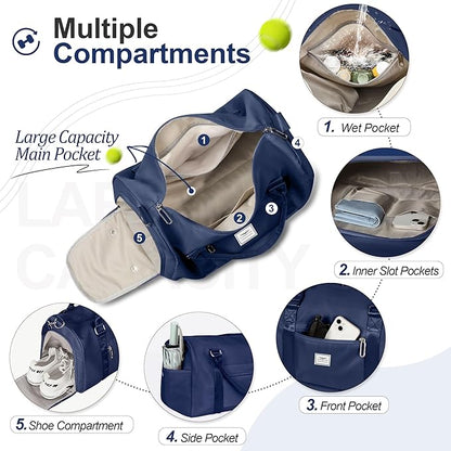 FIORETTO Womens Gym Tote Duffle Bag with Wet Pocket & Shoe Compartment, Sports Duffel Overnight Weekender Hospital Workout Carry on Bag for Girls, Ideal for Travel, Swimming, Dance, Ballet Navy Blue