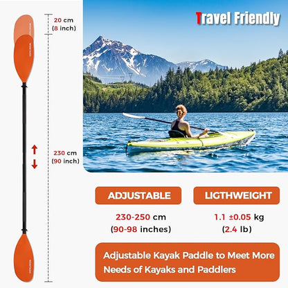Kayak Paddles with Alloy Shaft and PP Blade, Floating Kayaking Oars, Adjustable 230-250 cm/90-98 Inches, 210-230 cm/82-90 Inches