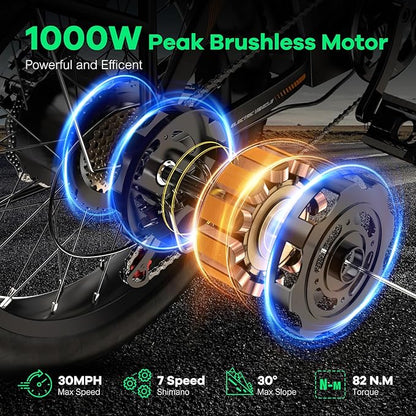 Foldable Electric Bike for Adults, 30+MPH, 48V 20Ah Removable Lithium Battery up to 80Miles, 20" Fat Tire 1000W Peak Motor Dirt Ebike Adult Electric Bicycle for Commute Beach Mountain E Bike