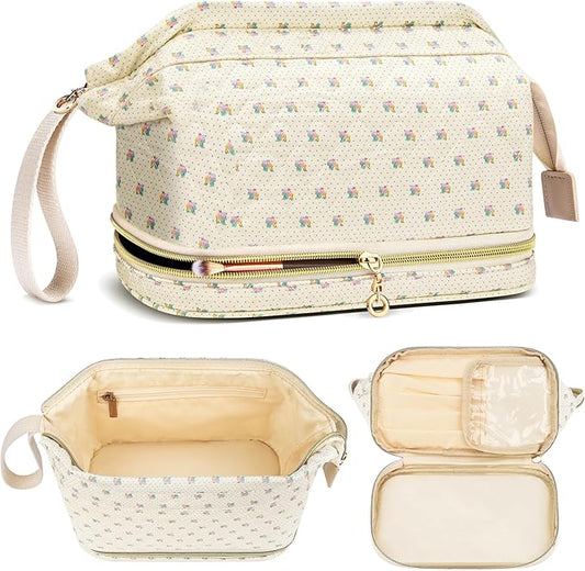 Large Makeup Bag, Quilted Cosmetic Bag, Large Floral Make Up Bag for Women, Cute Floral Skin Care Bag Double Layer Makeup Bags Flower Travel Toiletry Bag - Yellow