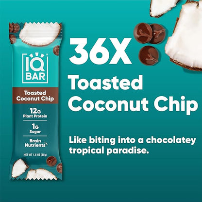IQBAR Brain and Body Plant Protein Bars - Toasted Coconut Chip - 36-Count Low Carb - Gluten Free, High Fiber, Vegan Snacks - Low Sugar Meal Replacement