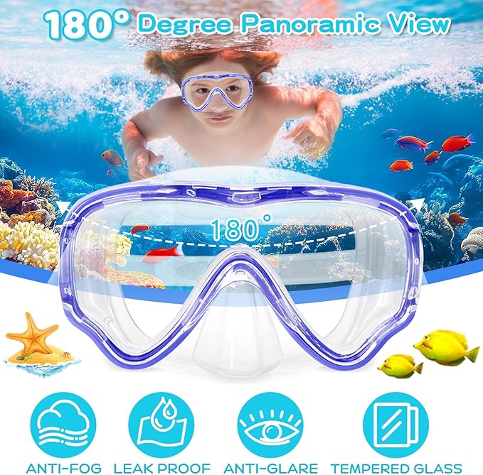 Kids Swim Goggles with Nose Cover, Snorkel Diving Mask Anti-Fog Anti-UV, Snorkeling Gear Swimming Goggles for Kids 3-14 2PCS