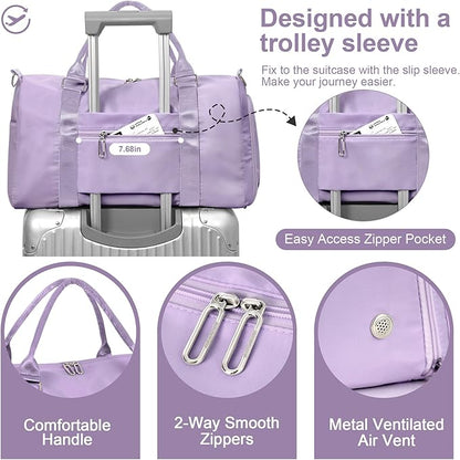 FIORETTO Womens Gym Tote Duffle Bag with Wet Pocket & Shoe Compartment, Sports Duffel Overnight Weekender Hospital Workout Carry on Bag for Girls, Ideal for Travel, Swimming, Dance, Ballet Purple