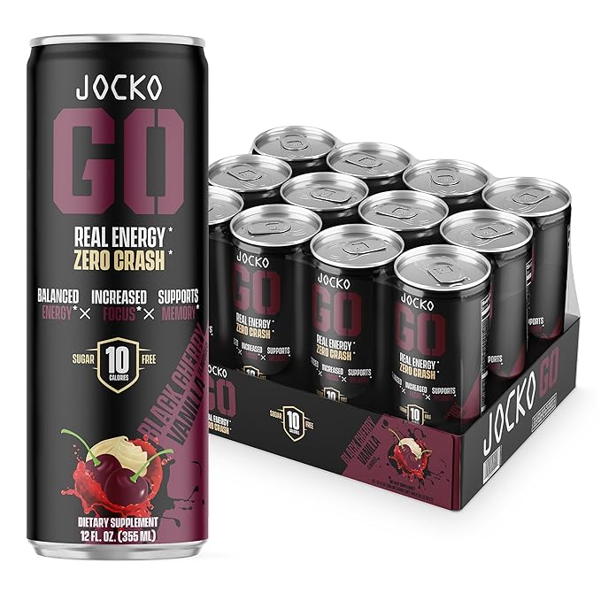 Jocko GO Energy Drink - Keto, Vitamin B12, Vitamin B6, Electrolytes, L Theanine, Magnesium- Energy Boost, Sugar Free Nootropic Monk Fruit Blend - 12 Pack (Black Cherry Vanilla)