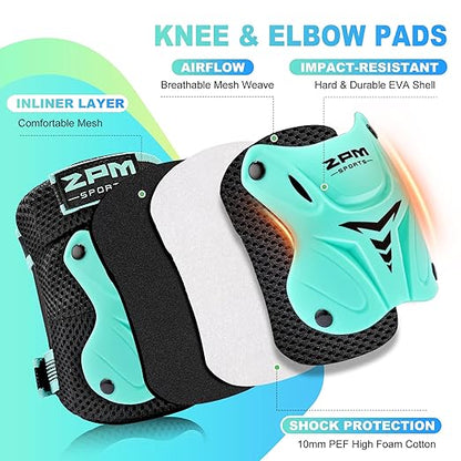 2PM SPORTS Knee Pads for Kids, Wrist Guards Knee and Elbow Pads Set with Drawstring Bag, Protective Gear Set for Girls Boys Roller Skating Cycling Skateboard - Mint Medium
