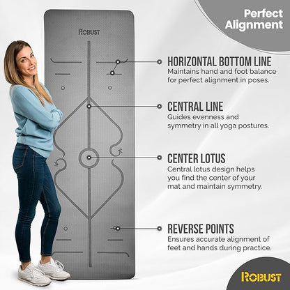 Robust Non-Slip Yoga Mat with Strap, 1/4" Thick TPE Eco-Friendly Workout Mat for Yoga with Position Lines and Texture Surface, Gym Mat for Women, Men, Pilates and Exercises Anti-Tear Sweat-Proof Exercise Mat