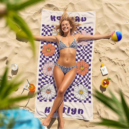 JML Personalized Beach Towel with Name, Custom Flower Beach Towel, Customized Microfiber Pool Towel, Quick Dry & Absorbent Swim Towel for Adult,Anniversary, Birthday, Summer Holiday,Vacation