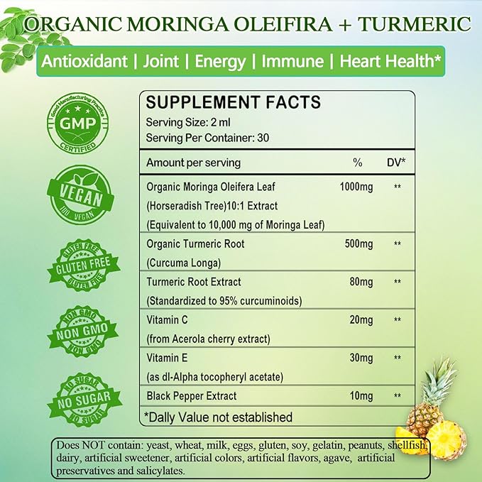 2 Pack Organic Moringa Liquid Drops, Pure Moringa Oleifera Leaf Extract w. Turmeric, Black Pepper, Moringa for Activates AMPK & GLP-1, Antioxidant Skin Gut, Potency Than Moringa Capsules Powder