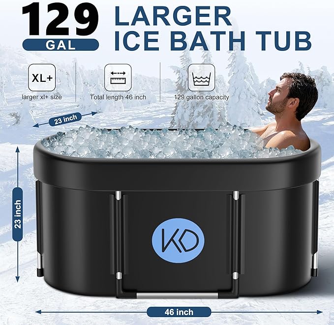 KERDOM Ice Bath Tub for Athletes, Portable Cold Plunge Tub, XL 129 Gal Bathtub for Recovery, Large Oval Foldable Bathtub with Cover for Cold Water Therapy at Home, Gyms, Outdoor, Indoor