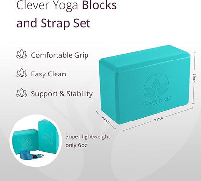 Clever Yoga Blocks 2 Pack with Strap - Extra Light Weight Sweat Repelling Foam Yoga Block Set with Cotton 8ft Yoga Stretch Strap - Yoga Block and Strap Set Kit for Beginner to Pro - Exercise
