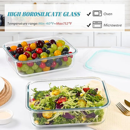 2Pack 9.8 Cups/ 78 Oz Large Glass Food Storage Containers with Lids, Glass Meal Prep Containers with Airtight Lids - BPA Free, Leakproof, Ideal for Food Storing/Serving, Microwave/Oven Safe