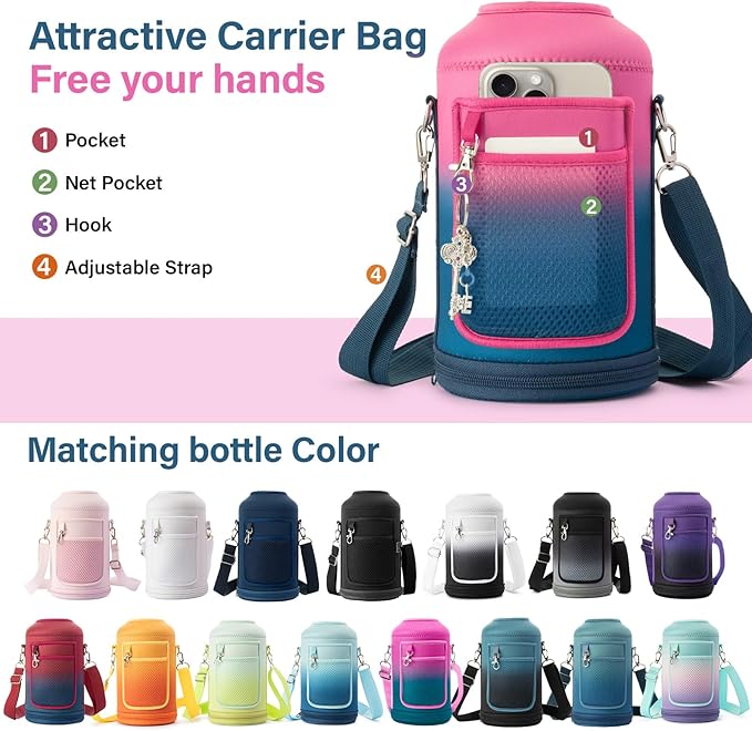 Insulated Water Bottle | Thickened Stainless Steel Vacuum Metal | Portable Sports Half Gallon Large Water Jug for Gym and Hiking with Straw, Carrier Bag, Handle Strap | BPA-Free 64 oz