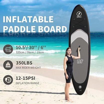 Inflatable Stand Up Paddle Board with SUP Accessories & Backpack. Paddle Boards for Adults. Non-Slip Deck, Wide Stance, Bottom Fin, Double Action Pump.