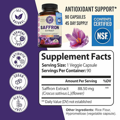 100% Pure Saffron Extract - Supports Weight and Appetite Health, Mood, Focus, Memory, Digestion, Eye, Skin and Brain Health. NSF Certified Saffron Supplements for Women and Men, 45-Day Supply.