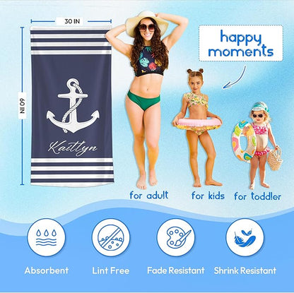 JML Personalized Beach Towel with Name, Custom Anchor Beach Towel, Customized Microfiber Pool Towel, Quick Dry & Absorbent Swim Towel for Adult,Anniversary, Birthday, Summer Holiday,Vacation