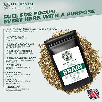 Elephantal Wellness Premium Brain Herbal Tea | Nootropic Focus & Mental Clarity Support with Ginkgo, Bacopa, Ashwagandha & Gotu Kola | Handmade, Caffeine-Free, Non-GMO Loose Leaf Blend, 4oz Loose Leaf, 40 Servings
