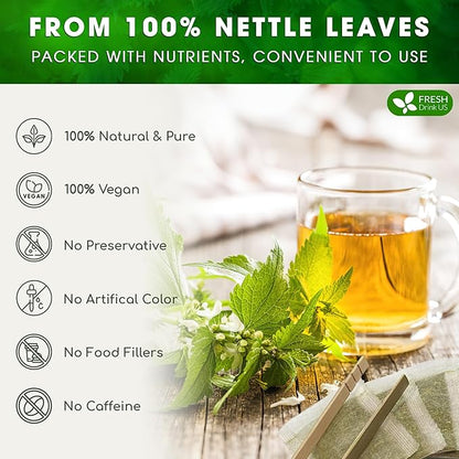FreshDrinkUS, Premium 75 Nettle Leaf Tea Bags, 100% Natural & Pure from Nettle Leaves. Loose Leaf Nettle Herbal Tea. Nettle Leaf Tea. No Sugar, No Caffeine, No Gluten, Vegan.