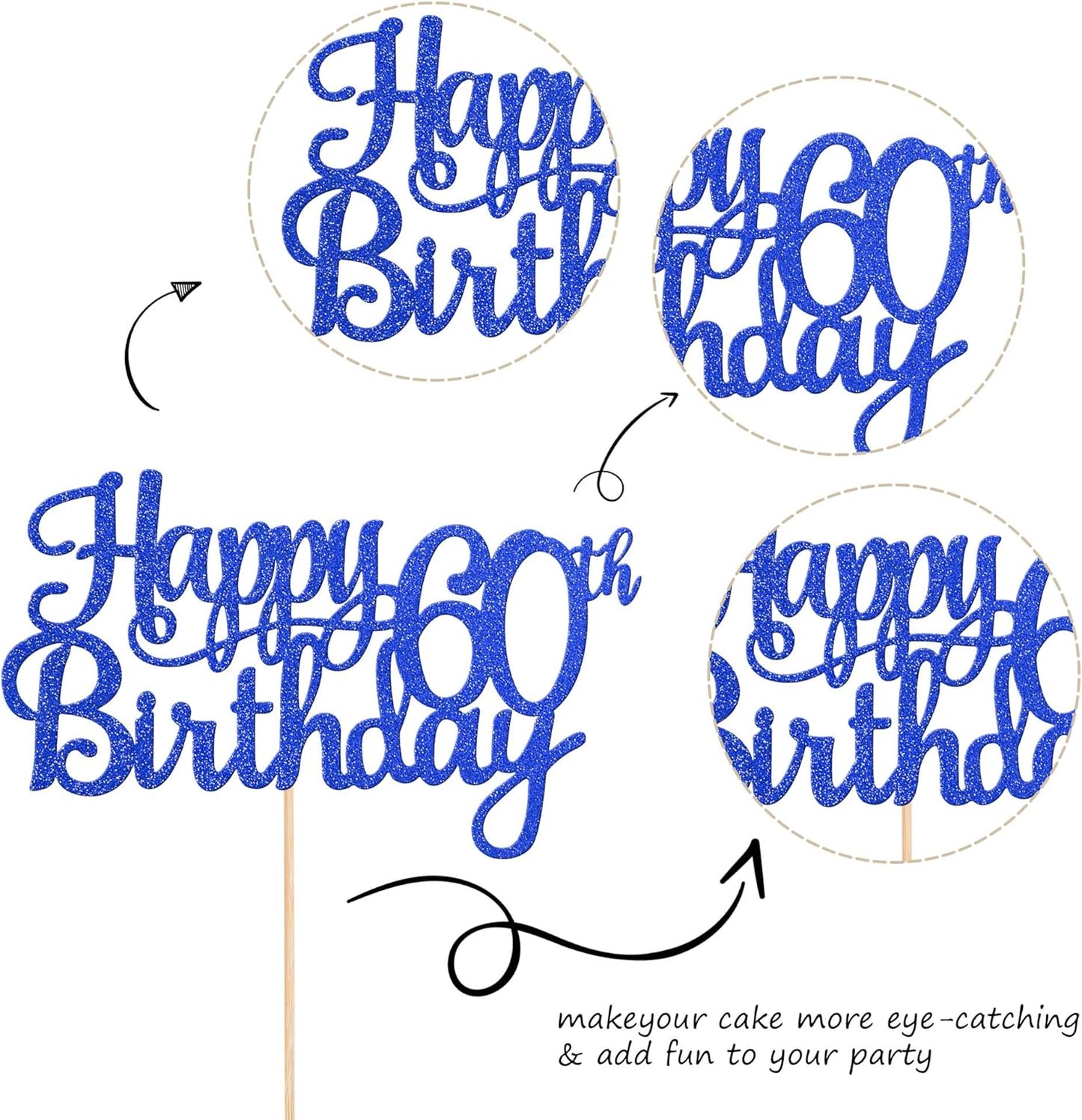 1 PCS Happy 60th Birthday Cake Topper Glitter Cheers to 60 Years Birthday Cake Pick 60 Fabulous Cake Decoration for Happy 60th Birthday Anniversary Party Decorations Supplies Blue