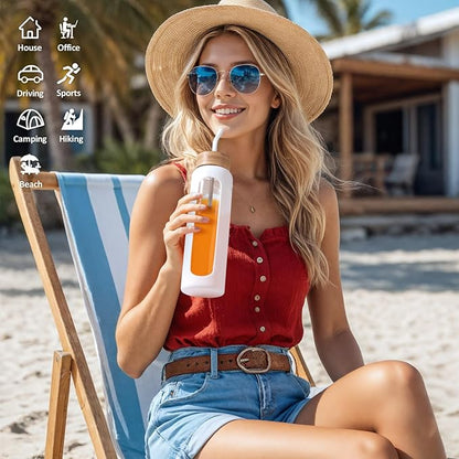 Kodrine Water Bottle with Straw, 24 oz Glass water Bottle with 2 Lids Bamboo Straw Lid and Spout Lid with Handle, 32 oz Clear Water Bottle Glass for Sports Travel, Waterbottle with Time Marker