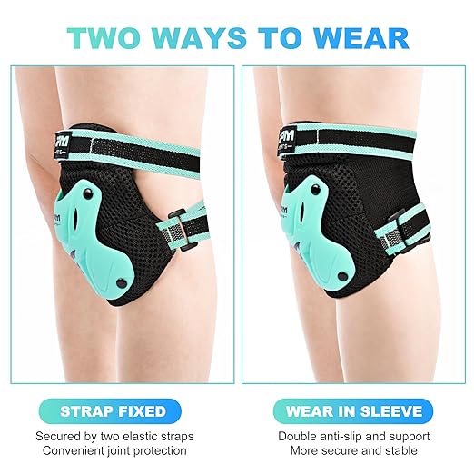 2PM SPORTS Knee Pads for Kids, Wrist Guards Knee and Elbow Pads Set with Drawstring Bag, Protective Gear Set for Girls Boys Roller Skating Cycling Skateboard - Mint Small